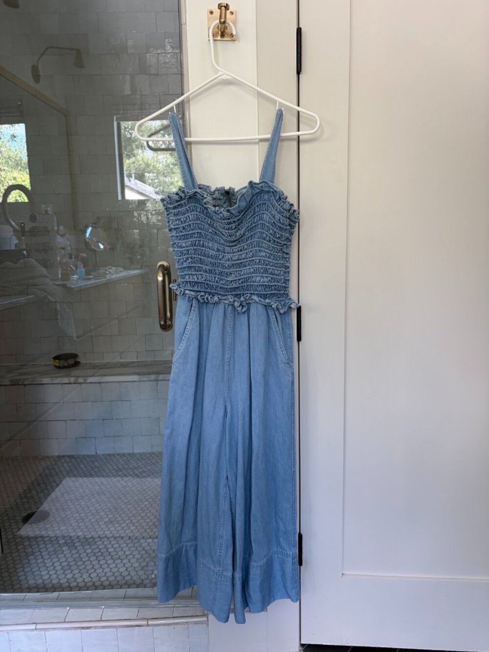 SEA New York Denim Jumpsuit Wide Leg Smocked Size 0